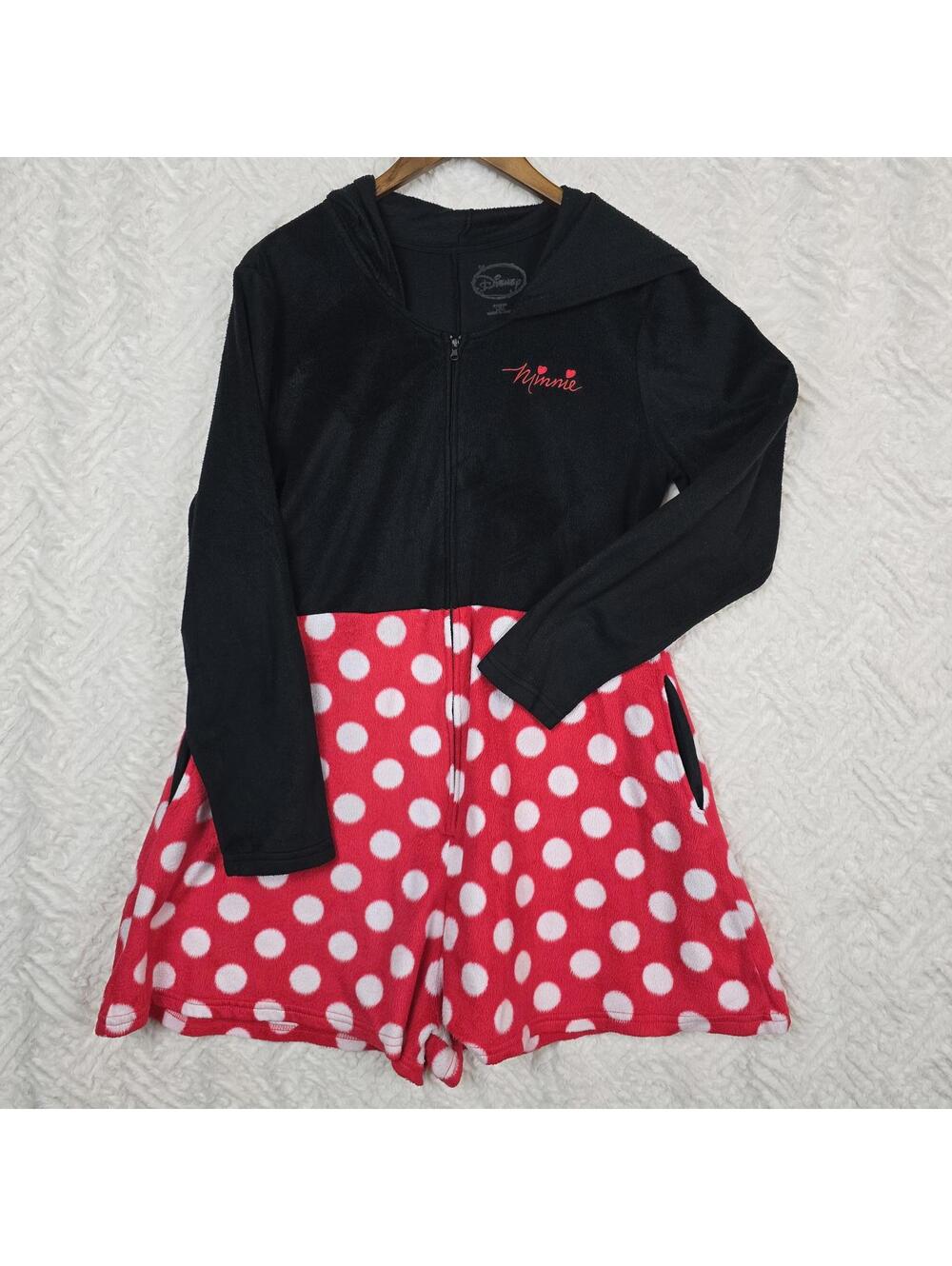 Disney Minnie Mouse Hooded Sleepwear Dress Black Red Polka Dot L/XLPajama Romper - Picture 2 of 8